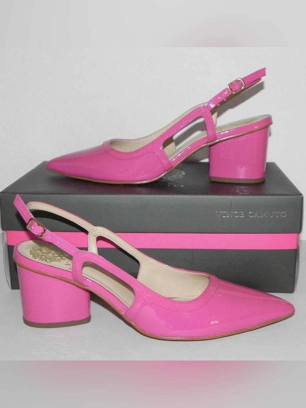 Vince Camuto Pink Patent Slingback Block Heel Pumps 2.5 Inch Heel